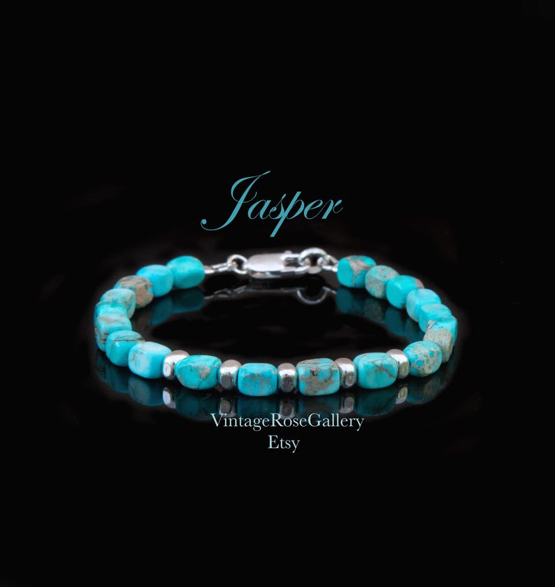 Mens Jasper Bracelet, Turquoise Jasper Gemstones Mens Bracelet, Sterling Silver, Luxury Bracelets by VintageRoseGallery image 5