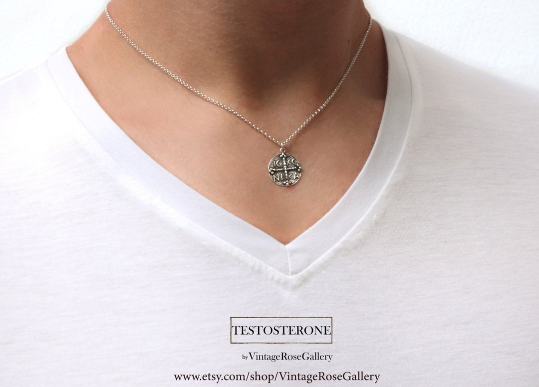 Mens Coin Necklace, Mens Jewelry , Byzantine Cross Necklace, Sterling Silver Cross , Byzantine
