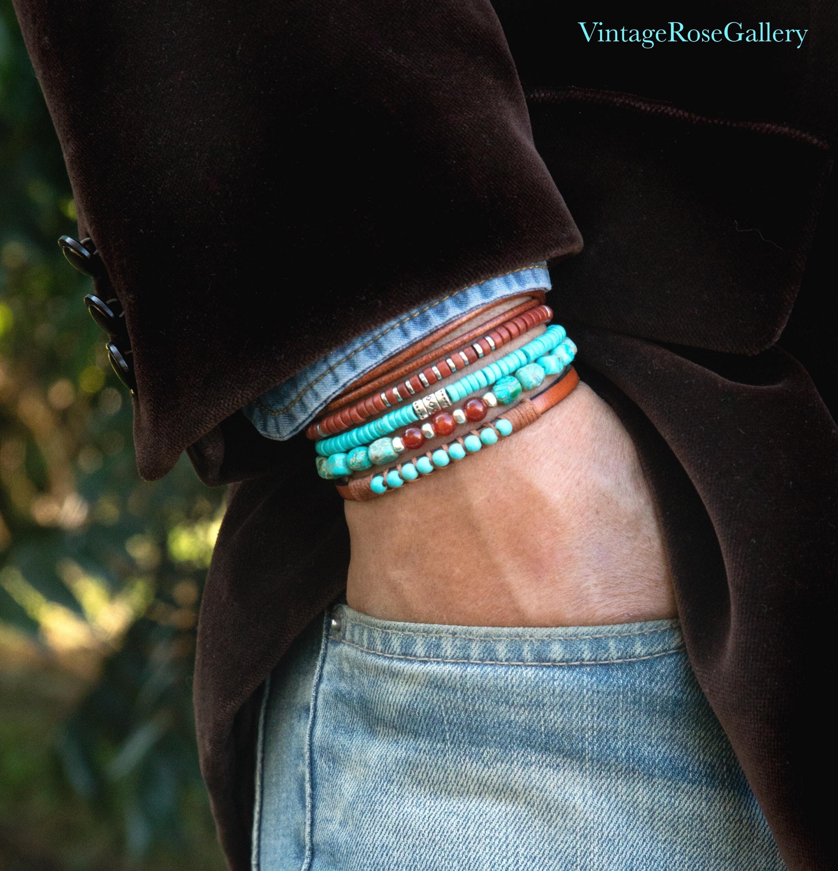 Mens Turquoise Beaded Bracelet Set: Native American Style