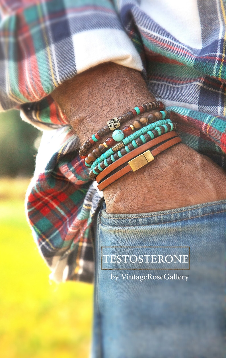 Mens Bracelet, Boho Mens Bracelet, Christmas Gift, Tribal Mens Bracelet, Gift for Men, Turquoise Bracelet, VintageRoseGallery image 1