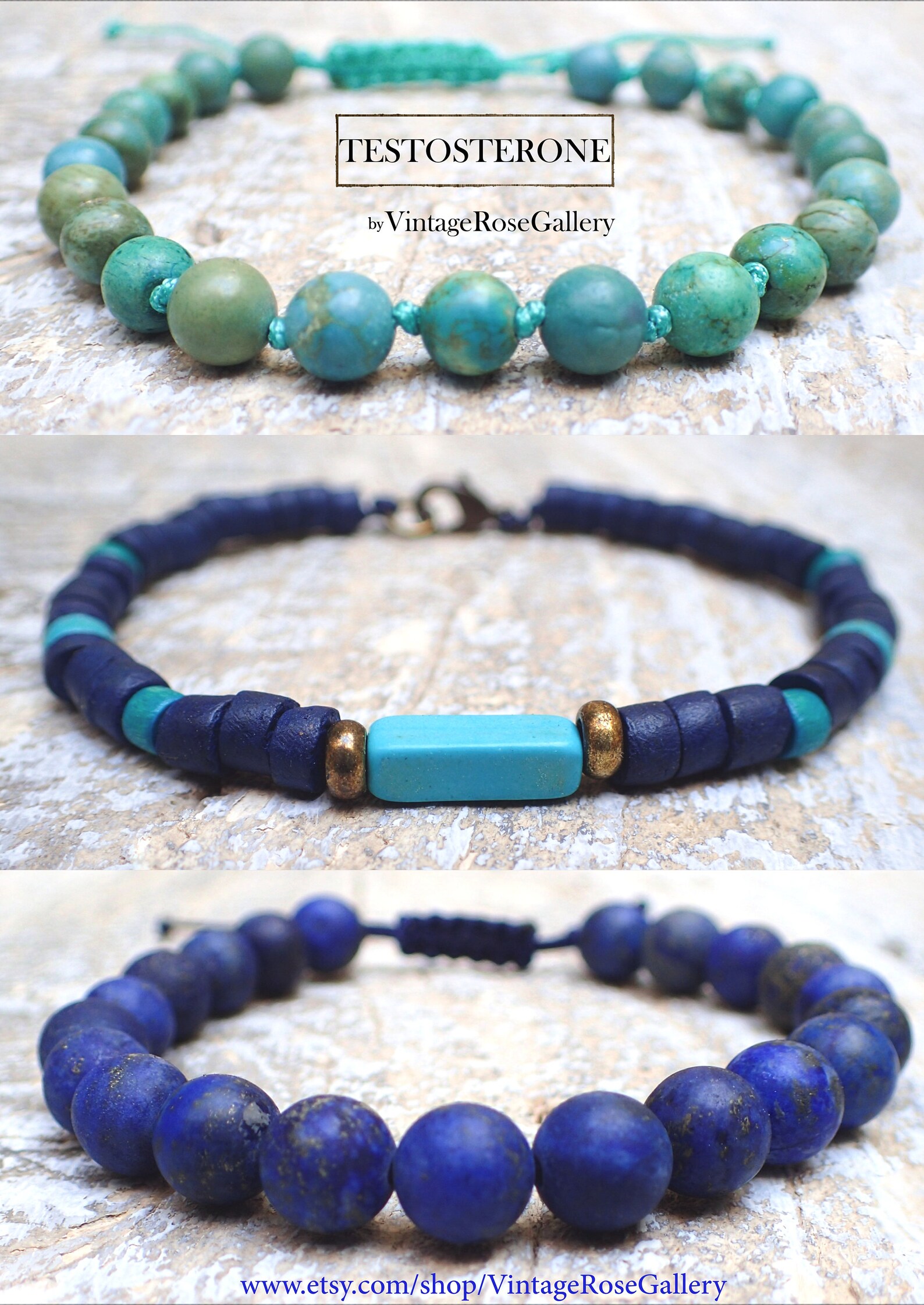Bracelet Tribal Surfeur Bohême Pour Homme - Lapis Lazuli, Turquoise, Noix De Coco - Bronze - Fait Main - Pièce Unique - Neuf Sans Emballage
