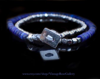 Men's Lapis Lazuli Double Wrap Bracelet: Sterling Silver Clasp