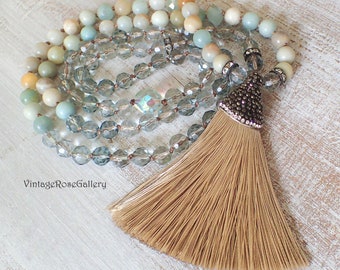 Silk Tassel Necklace, Amazonite Tassel Necklace, Statement Tassel Necklace, Gemstones, Rhinestones, Glass, OOAK by VintageRoseGallery