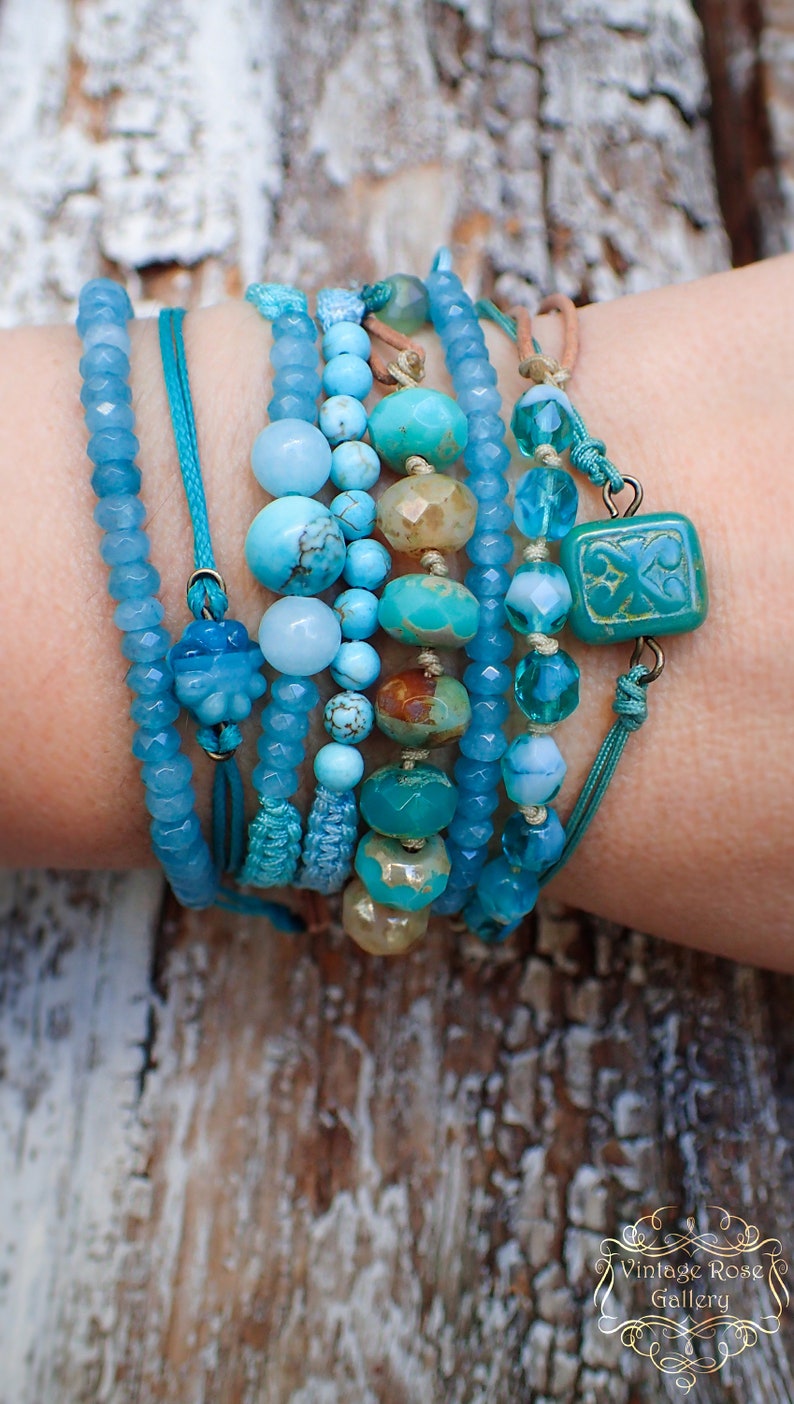 Blue Jade Gemstones Bracelet , Blue Jade Stack Bracelet, Layered Gemstones Bracelet, Friendship Bracelet by VintageRoseGallery zdjęcie 3