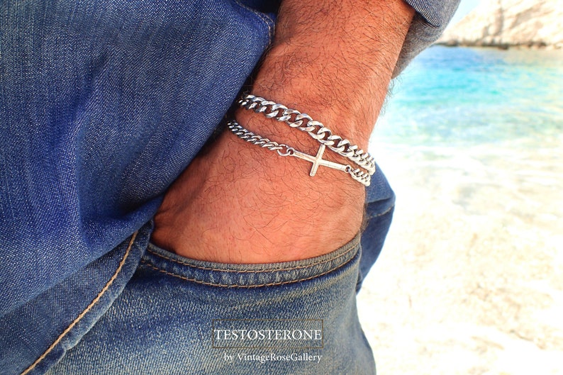 CROSS Bracelet , Mens Silver Bracelet, Christmas Gift , Mens Gift, Gift for Dad, Gift for Him, Gift for Husband, by VintageRoseGallery image 2