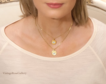 24K Gold Plated Evil Eye Coin Necklace - Turquoise or Blue