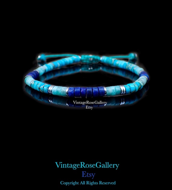 Mens Lapis Lazuli Turquoise Minimalist Bracelet, Minimal Lapis Turquoise Gemstones Bracelet, Myrtos Bracelet by VintageRoseGallery