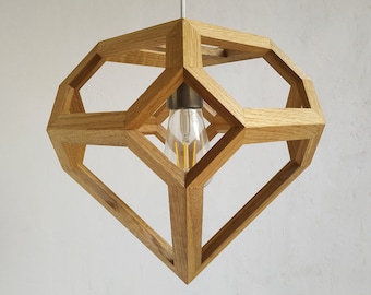 diamond shaped wooden hanging lamp, geometric light fixture solid hardwood lantern, oak walnut ash quality durable material pendant
