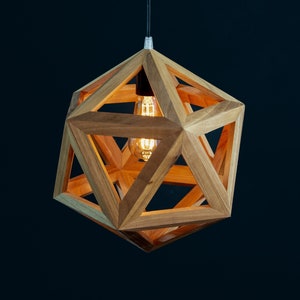 geometric wooden icosahedron lamp, natural wood walnut light, contemporary sconce, handmade fixture, customizable hanglamp, bespoke lantern