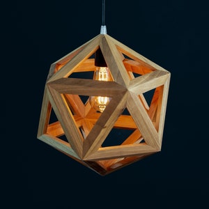 geometric wooden icosahedron lamp, natural wood walnut light, contemporary sconce, handmade fixture, customizable hanglamp, bespoke lantern zdjęcie 1