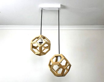 pendant lamp hanging light fixture double geometric wooden octahedron contemporary handmade customizable hanglamp bespoke lantern