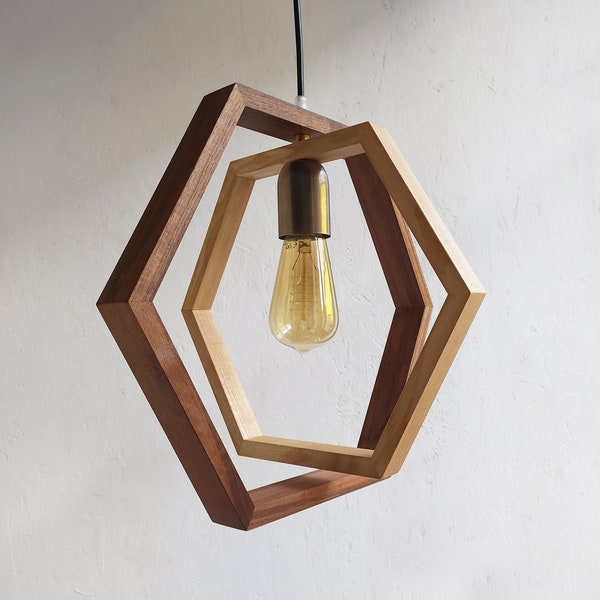 geometric wooden hexagon lamp, natural wood walnut light, contemporary sconce, handmade fixture, customizable hanglamp, bespoke lantern