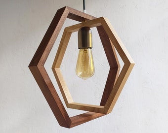 geometric wooden hexagon lamp, natural wood walnut light, contemporary sconce, handmade fixture, customizable hanglamp, bespoke lantern