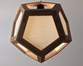 Hanging lamp - dodecahedron hung by a vertex with shades on the six central faces of the solid- high quality solid walnut wood