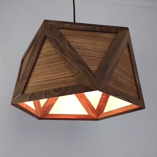 Pendant light in oak veneer shades European walnut frame dining table light directional light