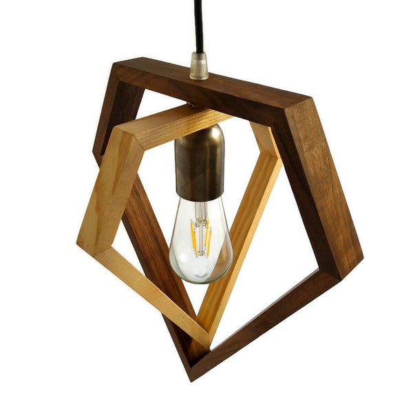 geometrische Holz-Diamantlampe, Naturholz-Nussbaum-Licht, moderne Wandleuchte, handgefertigte Befestigung, anpassbare Hängelampe, maßgeschneiderte Laterne