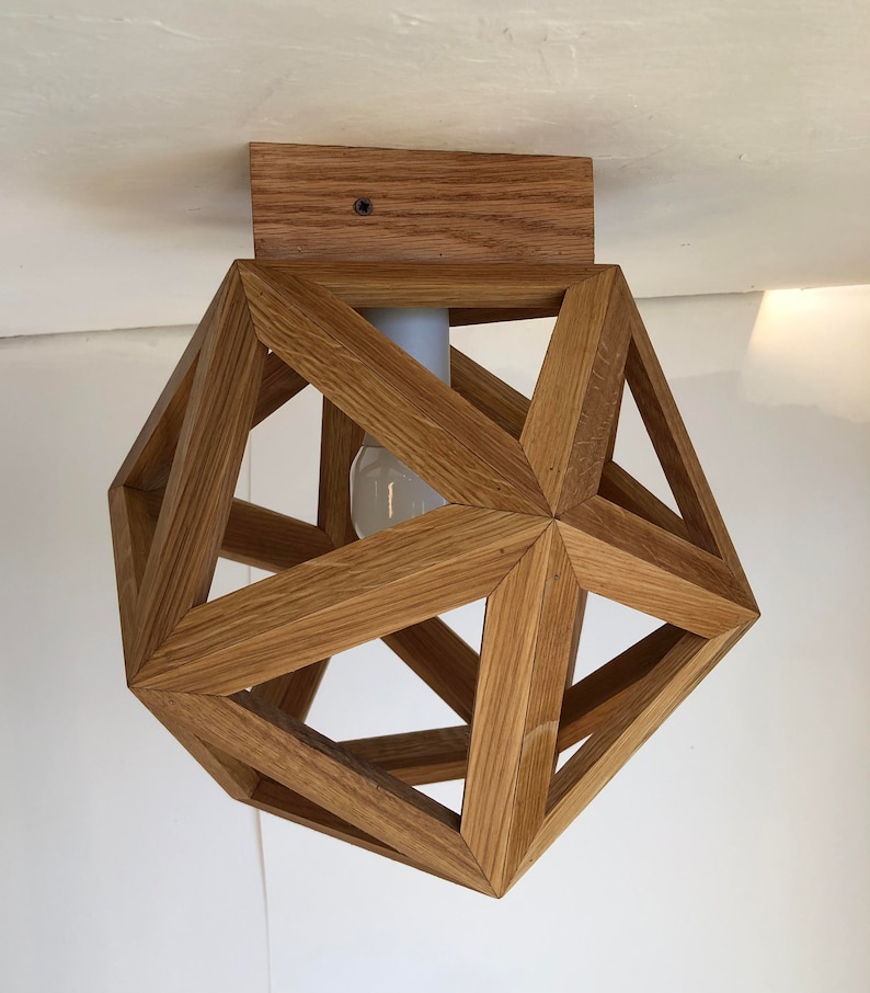 geometric wooden icosahedron lamp, natural wood walnut light, contemporary sconce, handmade fixture, customizable hanglamp, bespoke lantern flush mount oak