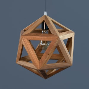 geometric wooden icosahedron lamp, natural wood walnut light, contemporary sconce, handmade fixture, customizable hanglamp, bespoke lantern zdjęcie 4