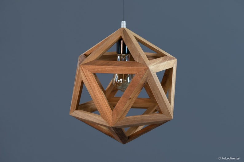 geometric wooden icosahedron lamp, natural wood walnut light, contemporary sconce, handmade fixture, customizable hanglamp, bespoke lantern zdjęcie 4