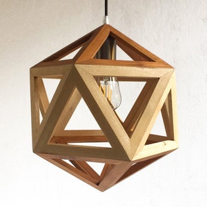 geometric wooden icosahedron lamp, natural wood walnut light, contemporary sconce, handmade fixture, customizable hanglamp, bespoke lantern Pendant in Ash Cherr