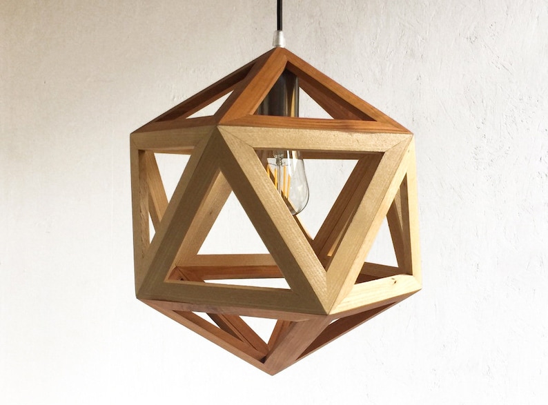 geometric wooden icosahedron lamp, natural wood walnut light, contemporary sconce, handmade fixture, customizable hanglamp, bespoke lantern Pendant in Ash Cherr