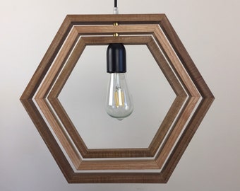 Pendant lamp - three adjustable hexagons rotate around the bulb - solid high quality walnut and ash