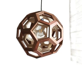 geometric wooden icosahedron lamp, natural wood walnut light, contemporary sconce, handmade fixture, customizable hanglamp, bespoke lantern