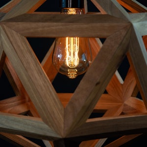 geometric wooden icosahedron lamp, natural wood walnut light, contemporary sconce, handmade fixture, customizable hanglamp, bespoke lantern zdjęcie 9