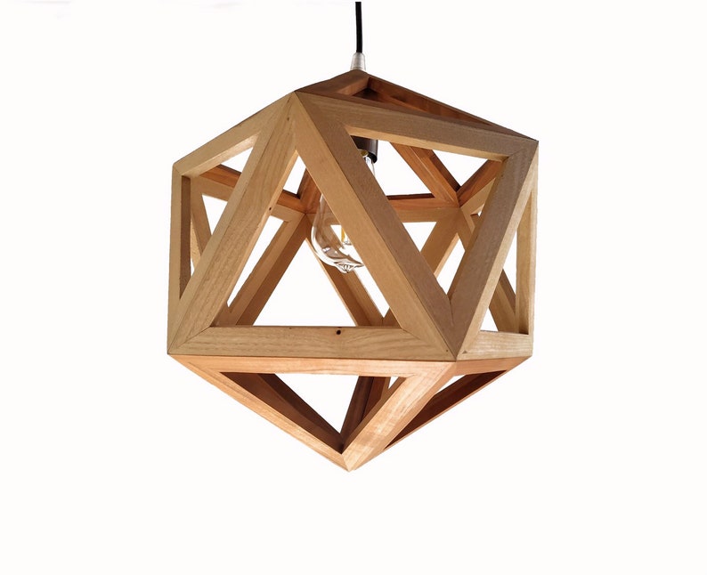 geometric wooden icosahedron lamp, natural wood walnut light, contemporary sconce, handmade fixture, customizable hanglamp, bespoke lantern zdjęcie 5