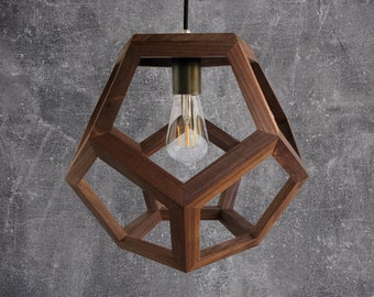 geometric wooden dodecahedron lamp, natural wood walnut light, contemporary sconce, handmade fixture, customizable hanglamp, bespoke lantern