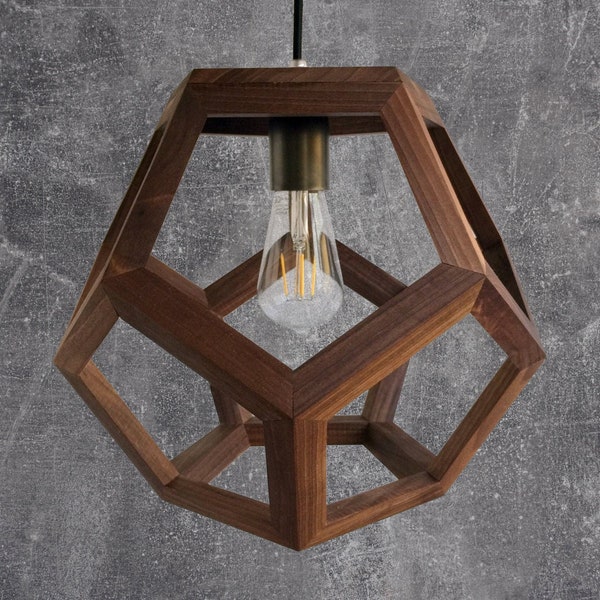 geometric wooden dodecahedron lamp, natural wood walnut light, contemporary sconce, handmade fixture, customizable hanglamp, bespoke lantern