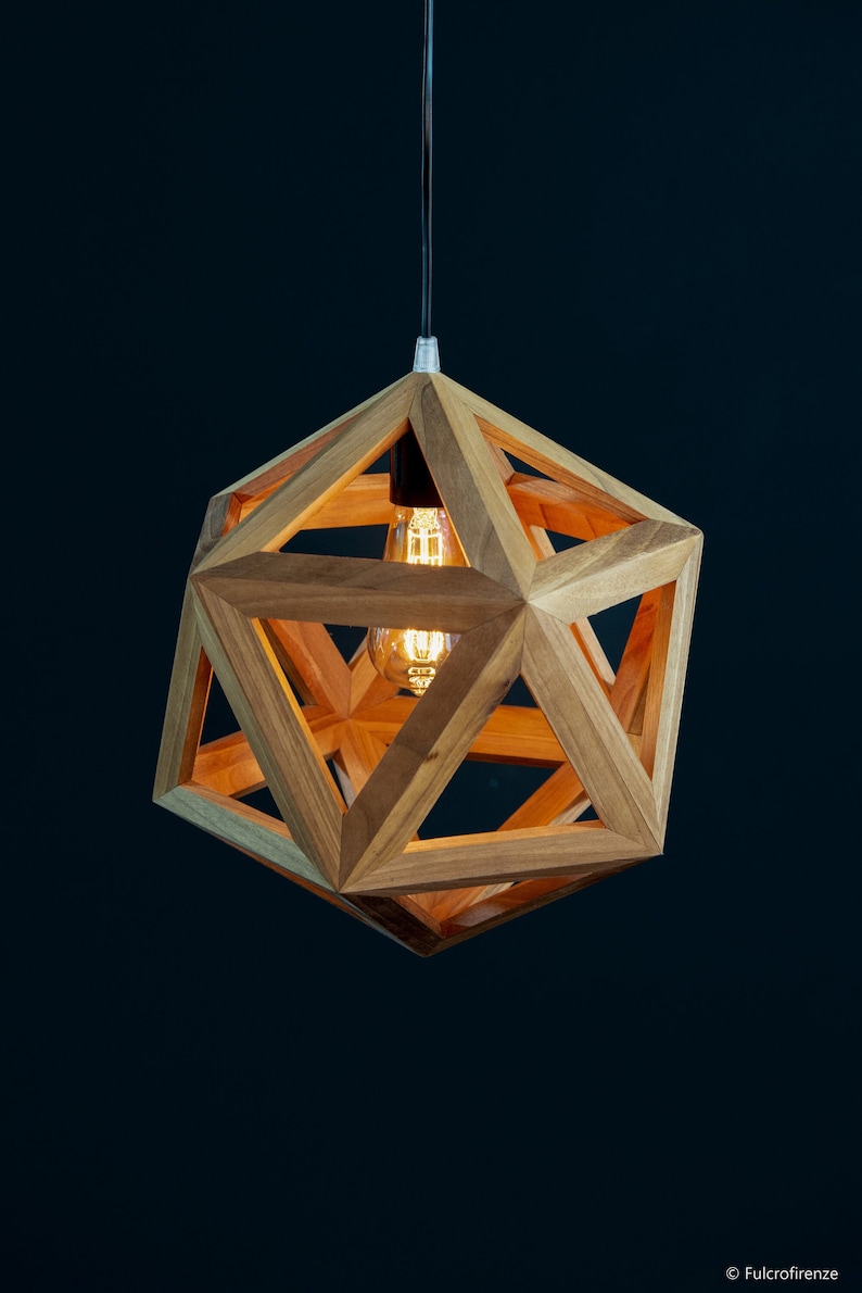 geometric wooden icosahedron lamp, natural wood walnut light, contemporary sconce, handmade fixture, customizable hanglamp, bespoke lantern zdjęcie 1