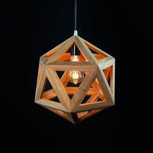 geometric wooden icosahedron lamp, natural wood walnut light, contemporary sconce, handmade fixture, customizable hanglamp, bespoke lantern Pendant in Walnut