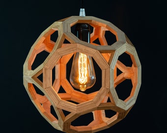geometric wooden dodecahedron lamp, natural wood walnut light, contemporary sconce, handmade fixture, customizable hanglamp, bespoke lantern