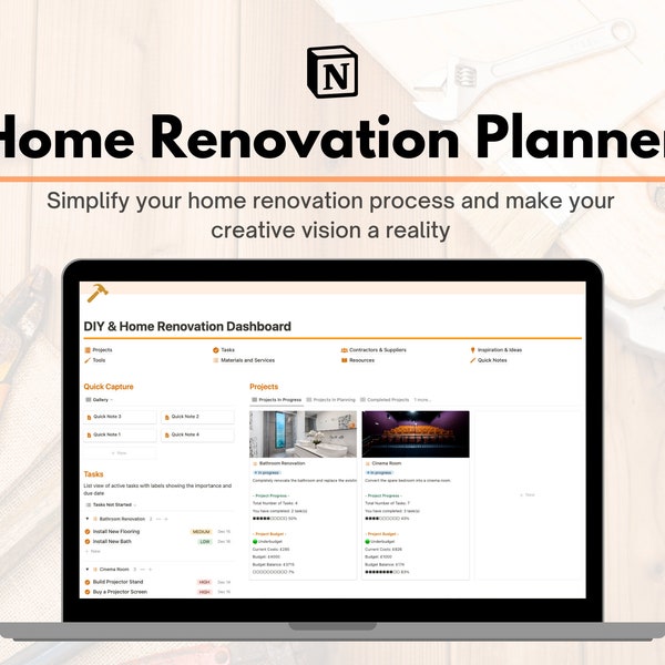 Notion Template Home Renovation Planner - Home Renovation Budget Tracker - Interior Design Project Planner - Home Organization - Home DIY