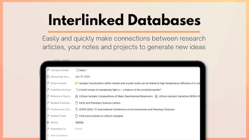 Puede incluir: Una captura de pantalla de una tableta que muestra una interfaz de software para organizar notas y art&iacute;culos de investigaci&oacute;n. La interfaz presenta una lista de categor&iacute;as, que incluyen "Notas de literatura", "Fecha l&iacute;mite del manuscrito", "Notas e ideas", "Art&iacute;culos publicados", "Figuras de referencia", "Publicaciones relacionadas", "Conferencias (enviadas)", "Tareas relacionadas" y "Estado". La interfaz tambi&eacute;n incluye una nota titulada "Nota 1" con la fecha "31 de julio de 2022" y texto sobre la fraccionaci&oacute;n isot&oacute;pica dentro del manto y las rocas corticales.
