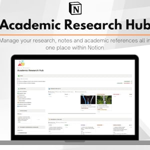 Puede incluir: Una pantalla de computadora port&aacute;til que muestra un espacio de trabajo de Notion con el t&iacute;tulo "Academic Research Hub". El espacio de trabajo est&aacute; organizado en secciones para proyectos de investigaci&oacute;n, notas y referencias.