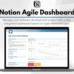 Puede incluir: Una pantalla de computadora portátil que muestra un tablero de proyecto de software ágil de Notion. El tablero incluye secciones para la descripción general del proyecto, los espacios de trabajo del proyecto, agregar rápidamente una historia de usuario y las reuniones del proyecto. El tablero está diseñado para ayudar a administrar proyectos de desarrollo de software utilizando metodologías ágiles.