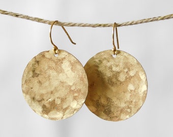 Earrings golden moon disc brass gold 14k