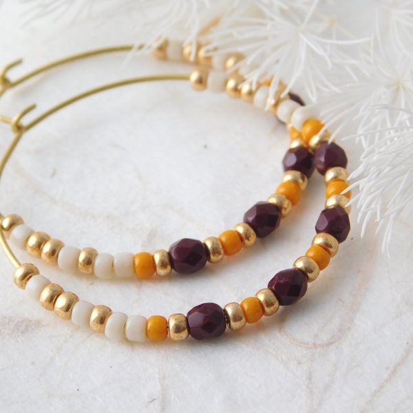 Hoop earrings with colorful glass beads hazelnut kumquat