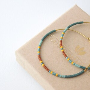 CREOLEN INDIAN SUMMER, Miyuki, Toho, turquoise, mint, dark red, yellow, large hoop earrings, minimalist