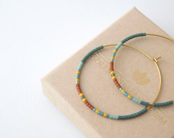 CREOLEN INDIAN SUMMER, Miyuki, Toho, turquoise, mint, dark red, yellow, large hoop earrings, minimalist