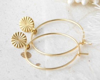 Gold-plated hoop earrings with filigree rays pendant gift idea golden hoop earrings