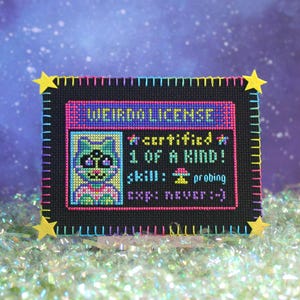 Op de afbeelding: Een kruissteek "WEIRDO LICENSE" met een cartoon kat illustratie. De zwarte achtergrond is omlijst met kleurrijke steken en gele ster accenten. Tekst bevat "certified", "1 of a kind", "skill: probing" en "exp: never :-)".