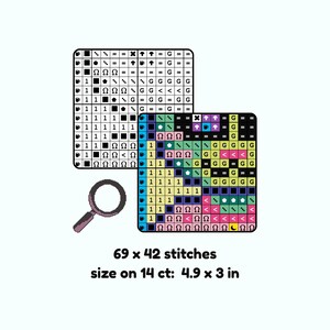 Op de afbeelding: Een kruissteekpatroon met een zwart-wit diagram en een kleuren diagram. De afbeelding bevat een vergrootglas en tekst die aangeeft dat de patroongrootte 12,4 x 7,6 cm is, met 69 x 42 steken.