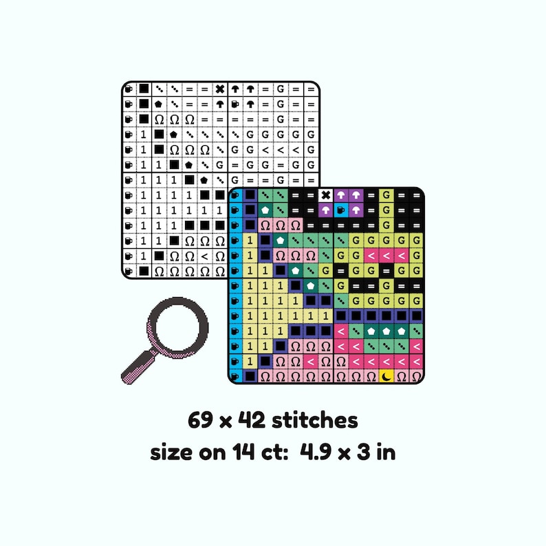 Op de afbeelding: Een kruissteekpatroon met een zwart-wit diagram en een kleuren diagram. De afbeelding bevat een vergrootglas en tekst die aangeeft dat de patroongrootte 12,4 x 7,6 cm is, met 69 x 42 steken.