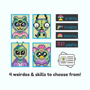 Op de afbeelding: Vier pixel art alien portretten in blauwe frames. Tekst luidt "probing", "invading", "believing" en "yapping". Een alien ID-kaart is ook afgebeeld. De tekst onderaan luidt "4 weirdos & skills to choose from!"