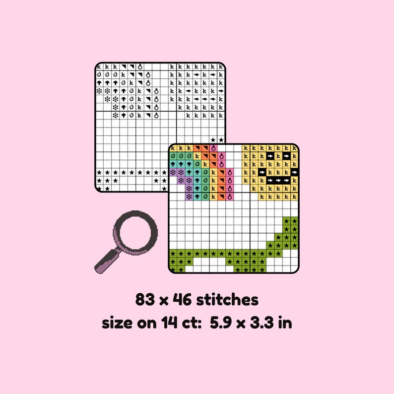 Puede incluir: Un patr&oacute;n de punto de cruz con dos gr&aacute;ficos y una lupa sobre un fondo rosa. El patr&oacute;n tiene 83 x 46 puntadas y mide 15 x 8,4 cm en tela de 14 puntos. Los gr&aacute;ficos muestran un dise&ntilde;o colorido.