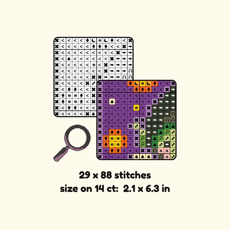 May include: Cross-stitch pattern with a magnifying glass. The pattern features a grid of symbols in black, purple, orange, green, and yellow. The text reads "29 x 88 stitches, size on 14 ct: 5.3 x 16.0 cm."