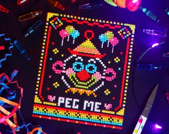 Peg Me Cross Stitch Pattern - Lite Brite Clown Retro Neon Rainbow - PDF Digital Download